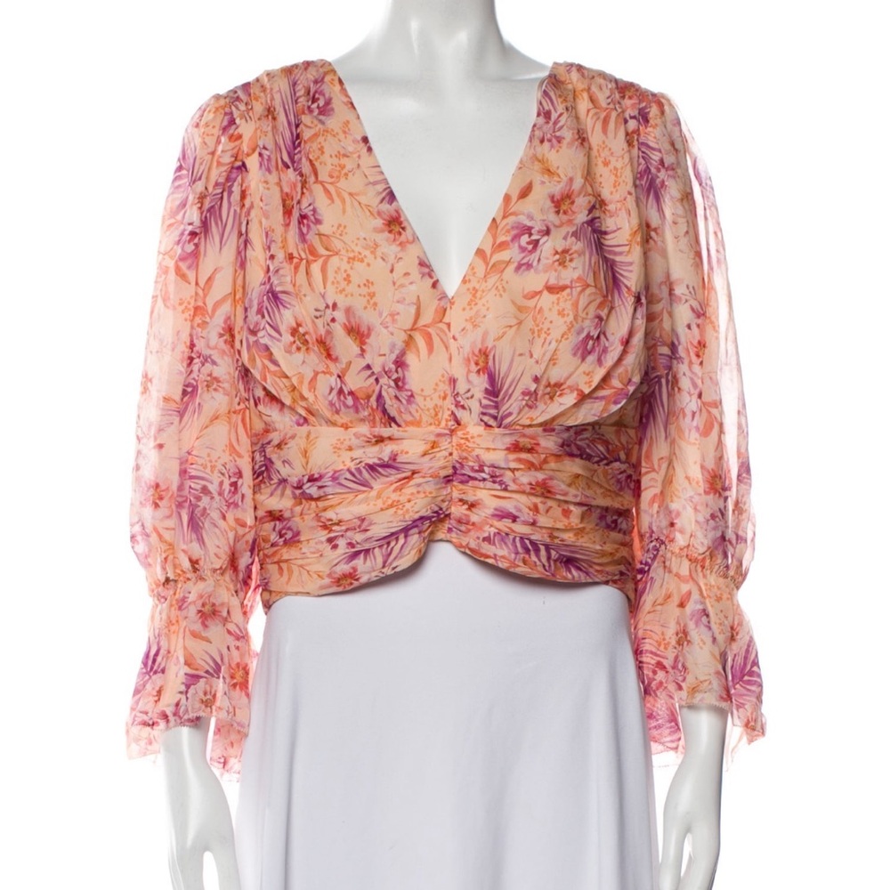 AMUR Floral V-Neck Blouse - Pink and Orange